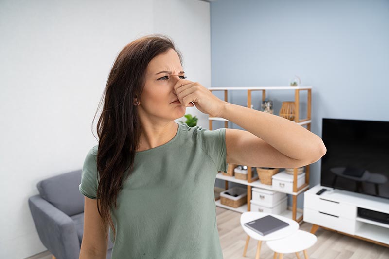 Woman plugging her nose because her house smells.