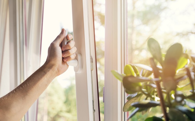 Person's hand opening a window with a houseplant next to it.